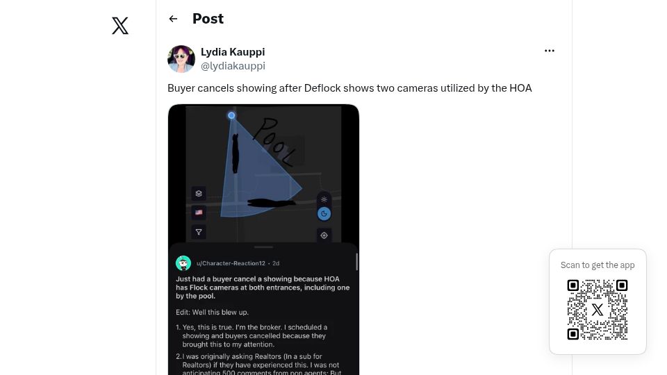 Screenshot of twitter.com: Buyer cancels showing after Deflock shows two cameras utilized by the HOA