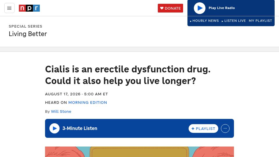 Screenshot of npr.org: Online clinics and influencers are promoting Cialis as a longevity drug