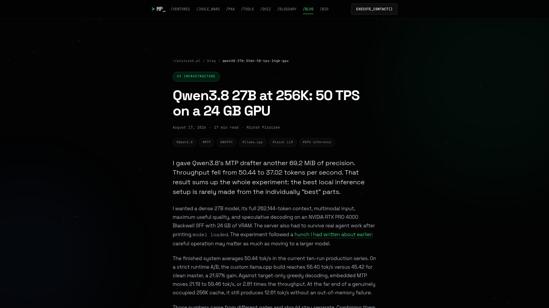 Screenshot of piszczek.pl: Qwen3.8-27B at 256K on a 24GB RTX PRO 4000 SFF (432 GB/s): 50 tok/s with MTP