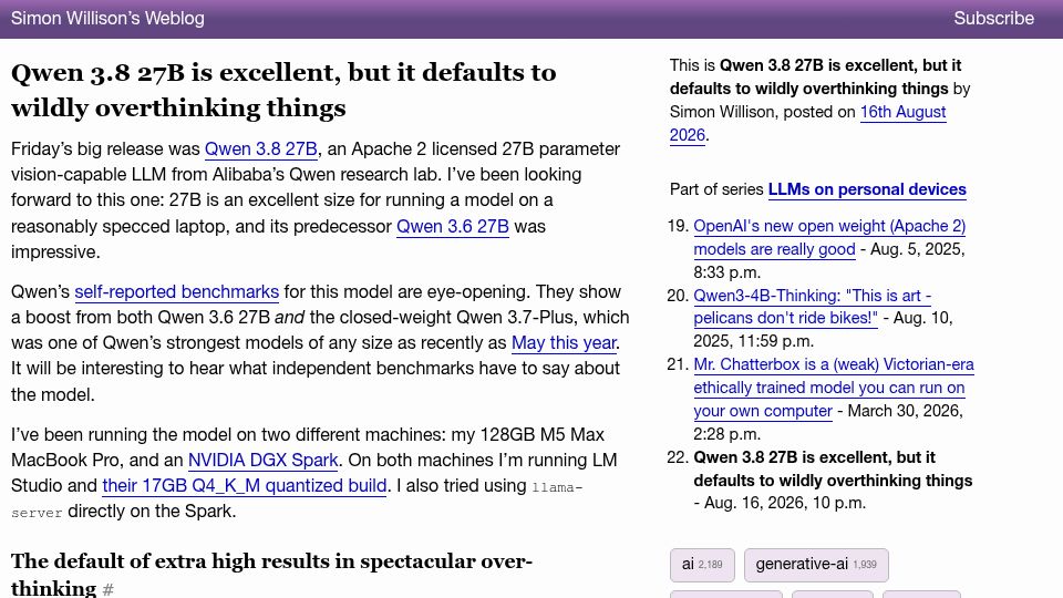 Screenshot of simonwillison.net: Qwen 3.8 27B is excellent, but it defaults to overthinking things