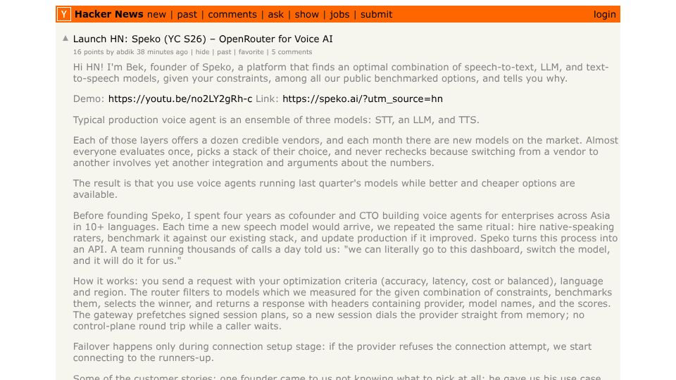Screenshot of speko.ai: Launch HN: Speko (YC S26) – OpenRouter for Voice AI