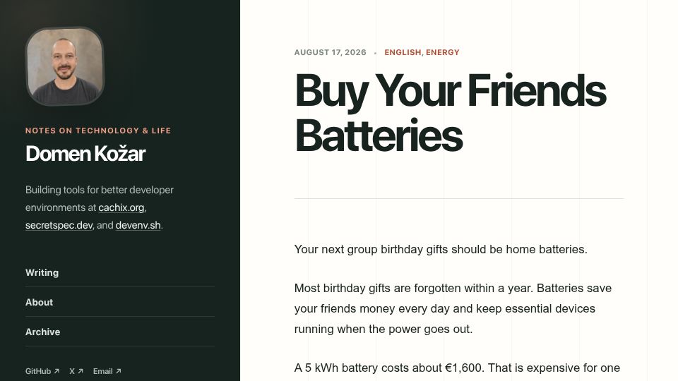 Screenshot of domenkozar.com: Buy Your Friends Batteries