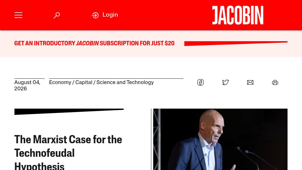 Screenshot of jacobin.com: The Marxist Case for the Technofeudal Hypothesis