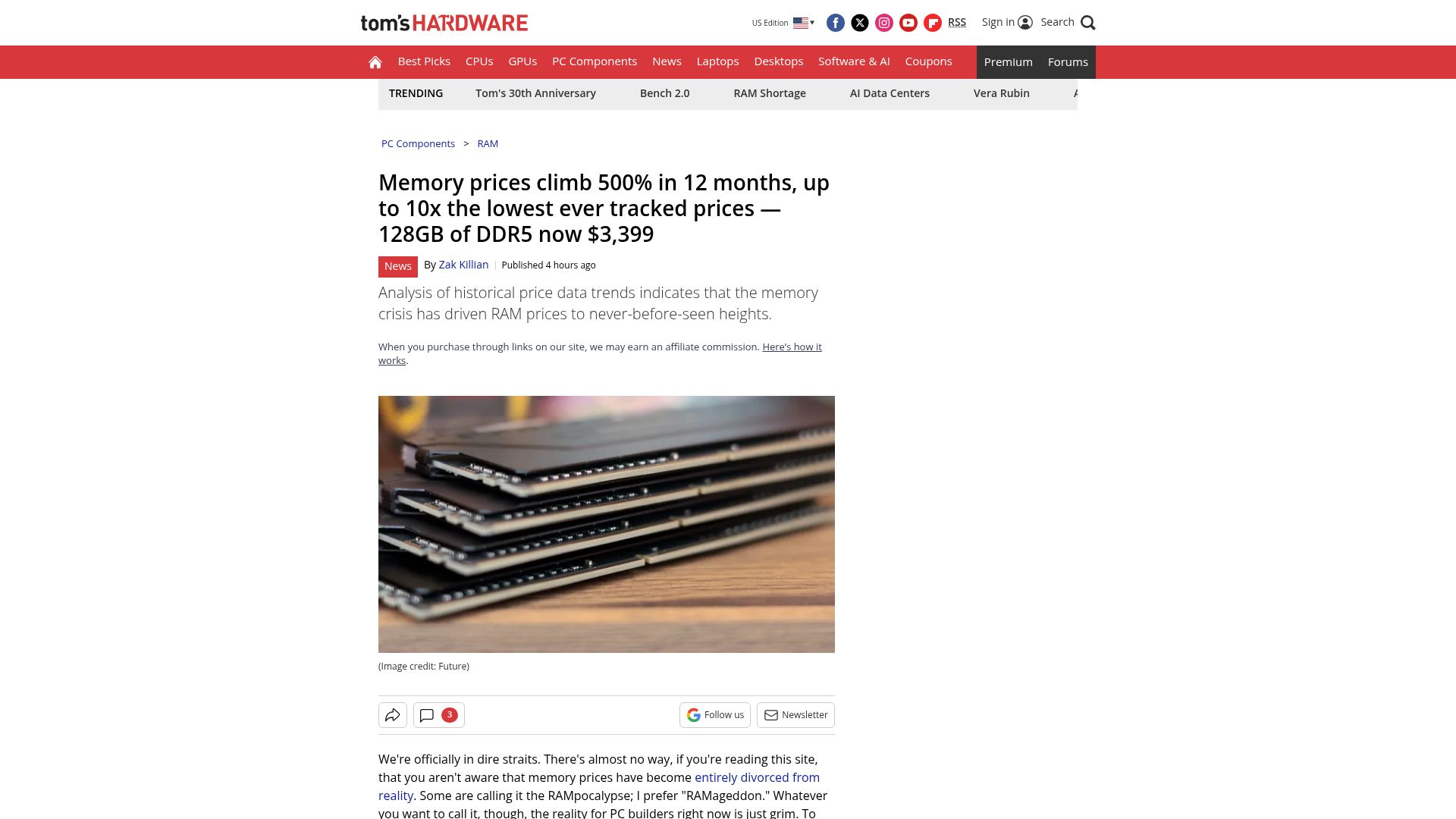 Screenshot of tomshardware.com: Memory prices climb 500% in 12 months