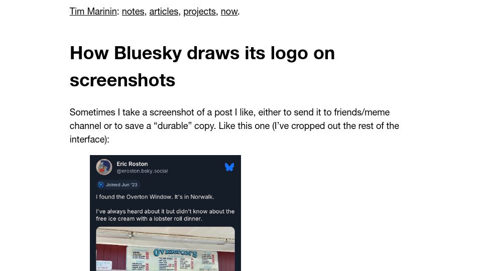 Screenshot of timmarinin.net: How Bluesky draws its logo on screenshots