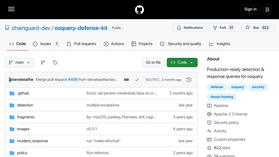 Screenshot of github.com: Production-ready detection and response queries for osquery