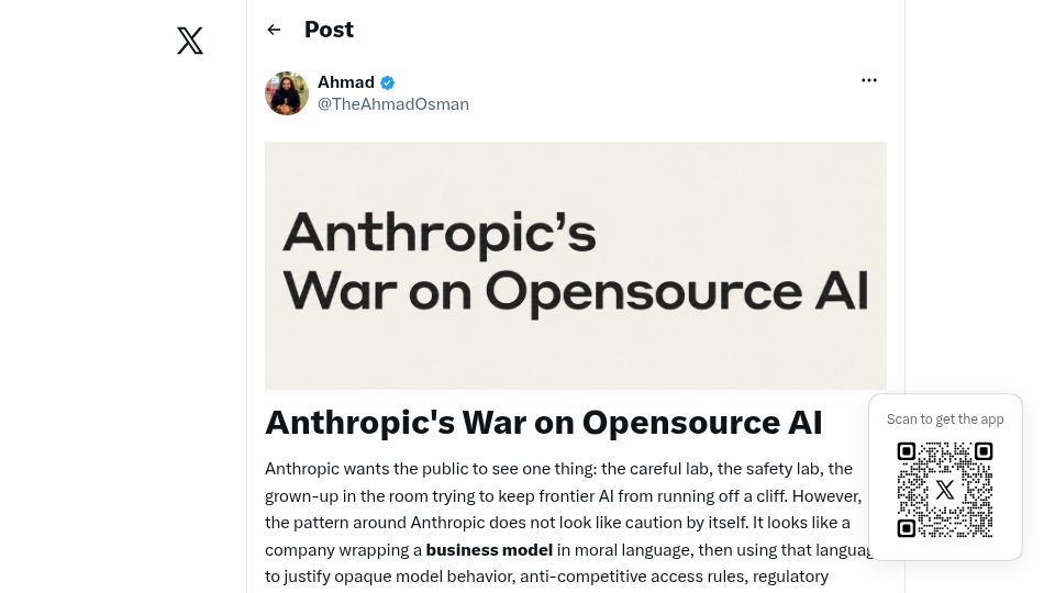 Screenshot of twitter.com: Anthropic's War on open source AI