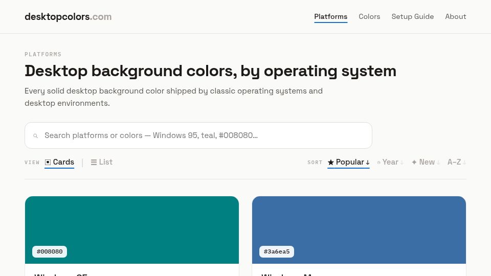 Screenshot of desktopcolors.com: Show HN: Desktopcolors.com – A museum for solid background colors of classic OS