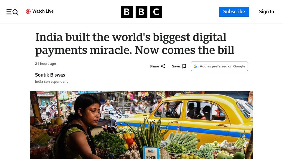 Screenshot of bbc.com: India has paved the way for charging merchants a fee on UPI transactions