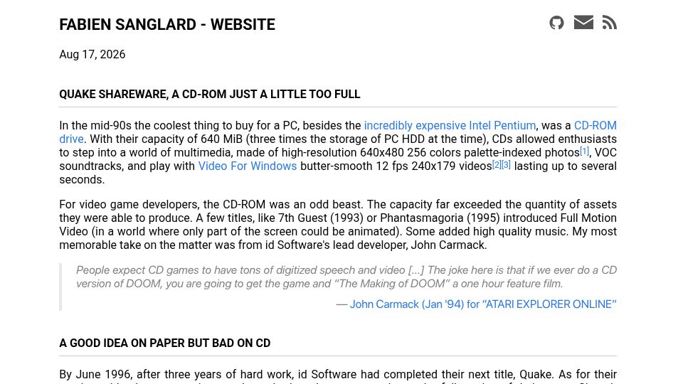 Screenshot of fabiensanglard.net: Quake Shareware, a CD-ROM just a little too full