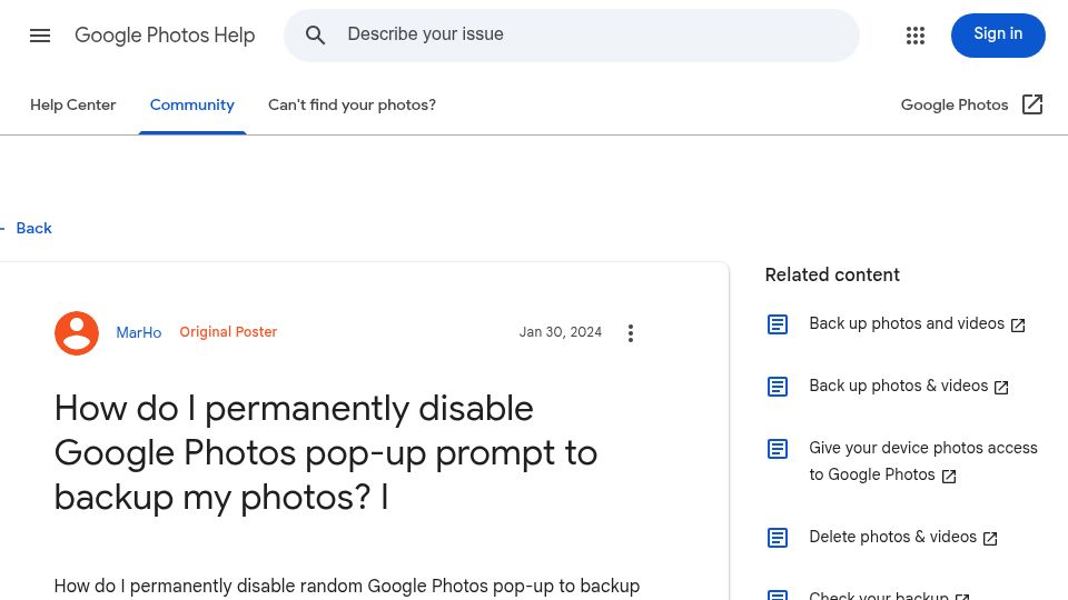 Screenshot of support.google.com: How do I permanently disable random Google Photos popup to backup photos? (2024)