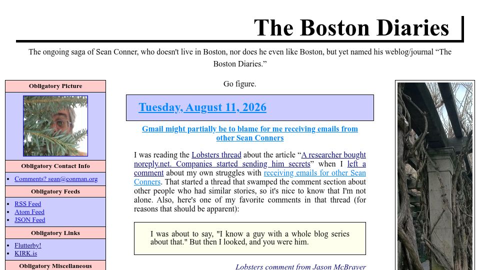 Screenshot of boston.conman.org: Gmail might partially be to blame for receiving emails from other Sean Conners