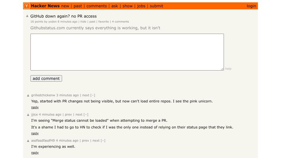 Screenshot of Hacker News post: GitHub down again? no PR access