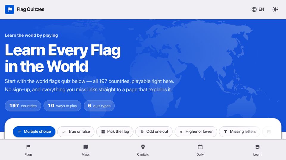 Screenshot of flagquizzes.com: Show HN: Learn Flags Quiz