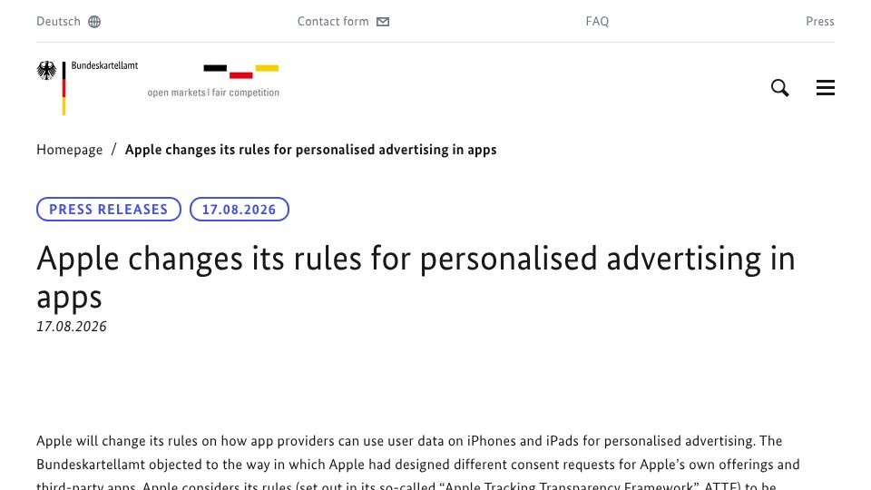 Screenshot of bundeskartellamt.de: Apple's App Tracking Transparency treated its own apps better than rivals
