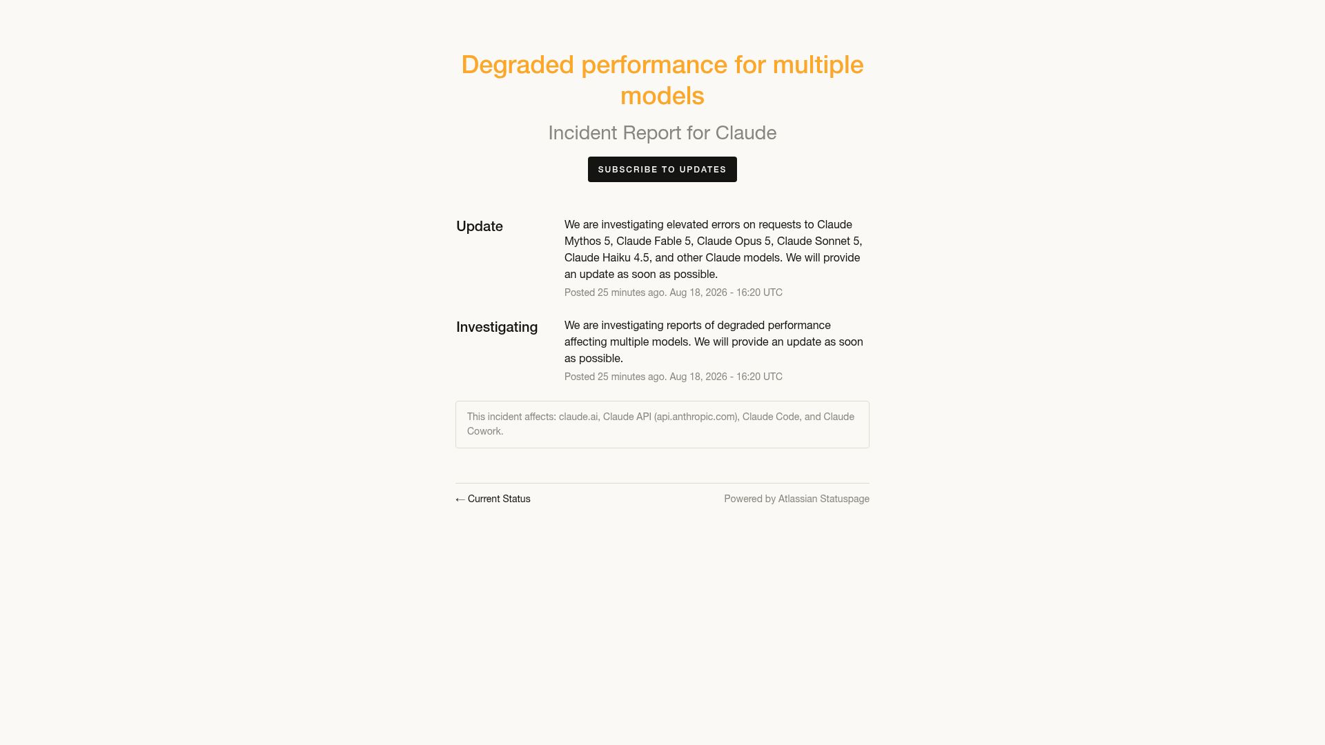 Screenshot of status.claude.com: Degraded performance for multiple models