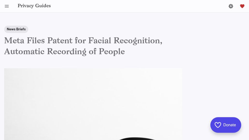 Screenshot of privacyguides.org: Meta Files Patent for Facial Recognition, Automatic Recording of People