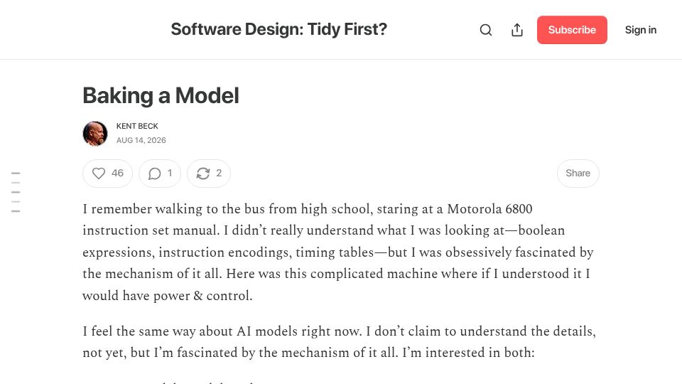 Screenshot of newsletter.kentbeck.com: Baking a Model: A Metaphor for LLM Training