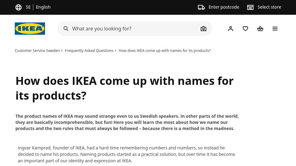 Screenshot of ikea.com: How does IKEA come up with names for its products?