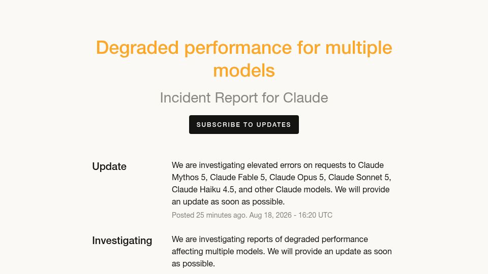 Screenshot of status.claude.com: Degraded performance for multiple models