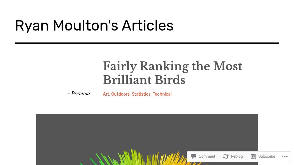 Screenshot of moultano.wordpress.com: Ranking the Most Brilliantly Colored Birds with Data