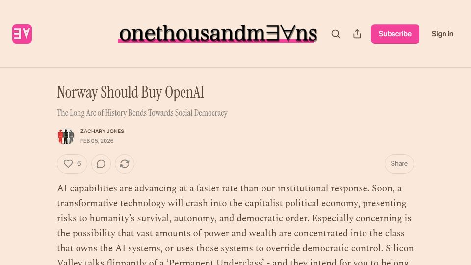 Screenshot of onethousandmeans.com: Norway should buy OpenAI