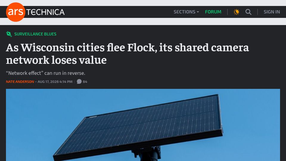 Screenshot of arstechnica.com: As Wisconsin cities flee Flock, its shared camera network loses value