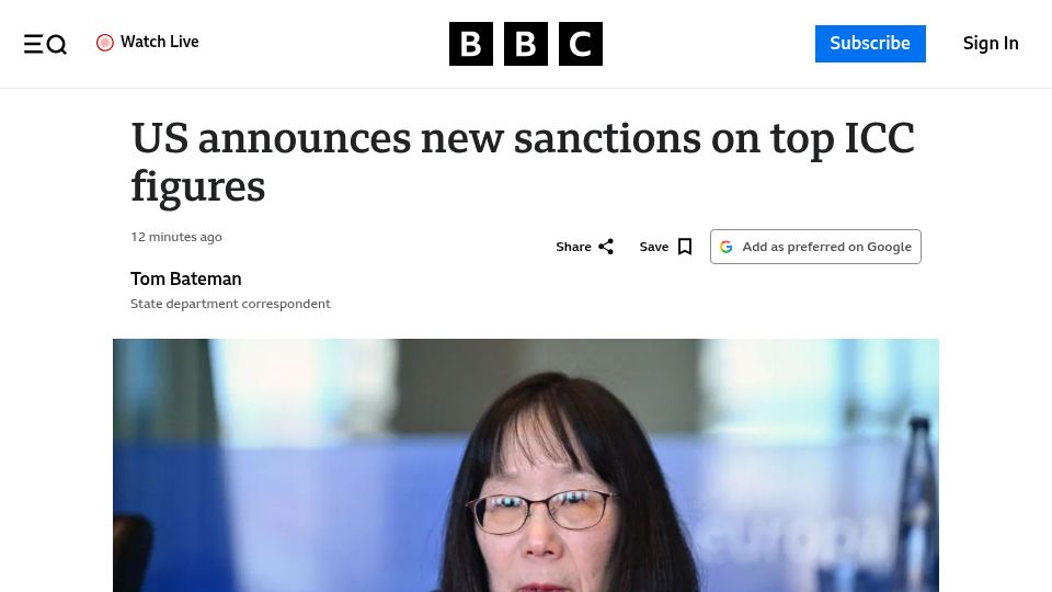 Screenshot of bbc.com: US announces new sanctions on top ICC figures