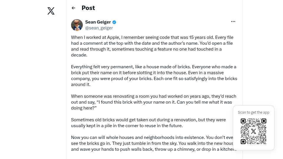 Screenshot of twitter.com: When I worked at Apple, I remember seeing code that was 15 years old