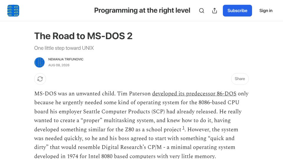 Screenshot of nemanjatrifunovic.substack.com: The Road to MS-DOS 2.0