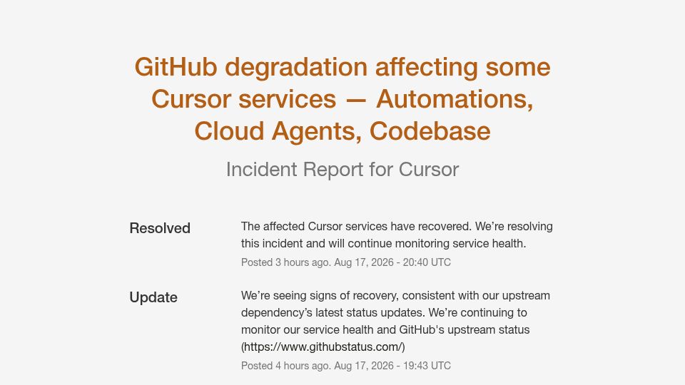 Screenshot of status.cursor.com: GitHub degradation affects Cursor Origin, its new Git platform