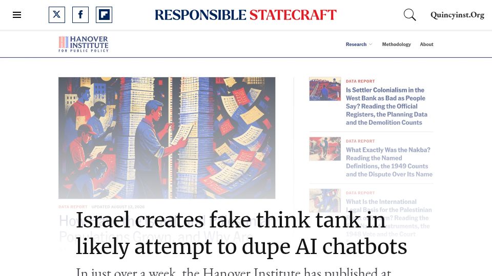 Screenshot of responsiblestatecraft.org: Israel creates fake think tank in likely attempt to dupe AI chatbots