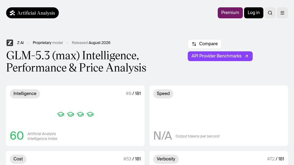 Screenshot of artificialanalysis.ai: GLM-5.3 Artificial Analysis Benchmarks