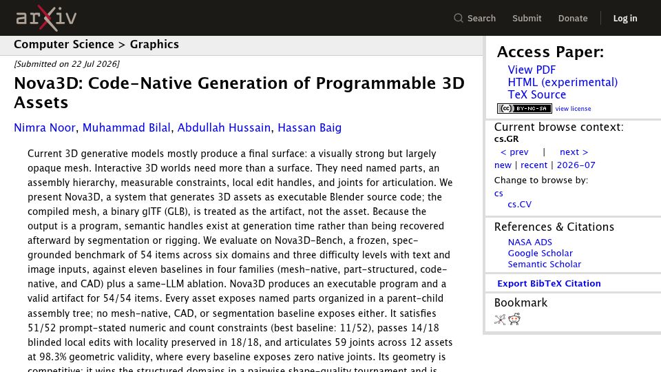 Screenshot of arxiv.org: Code-native generation of highly programmable 3D assets (2026)