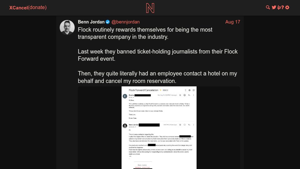 Screenshot of xcancel.com: Flock impersonates journalist in order to cancel his hotel reservations