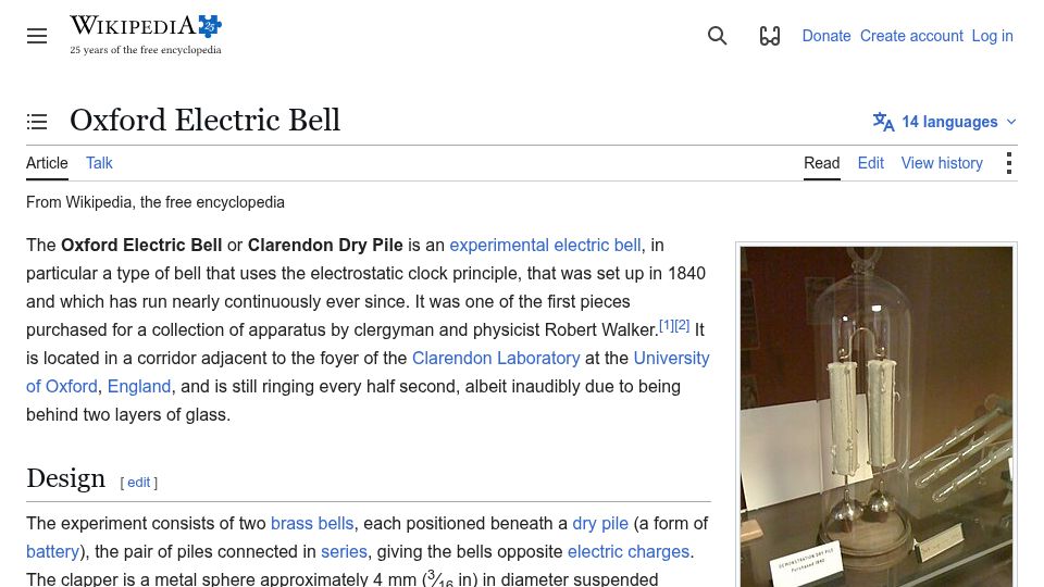 Screenshot of en.wikipedia.org: Oxford Electric Bell