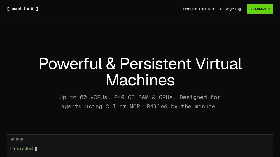 Screenshot of machine0.io: Launch HN: machine0 (YC S26) – Persistent CPU and GPU VMs from the CLI