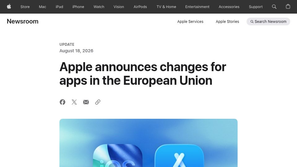 Screenshot of apple.com: Apple announces changes for apps in the European Union