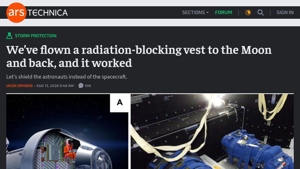 Screenshot of arstechnica.com: We've flown a radiation-blocking vest to the Moon and back, and it worked
