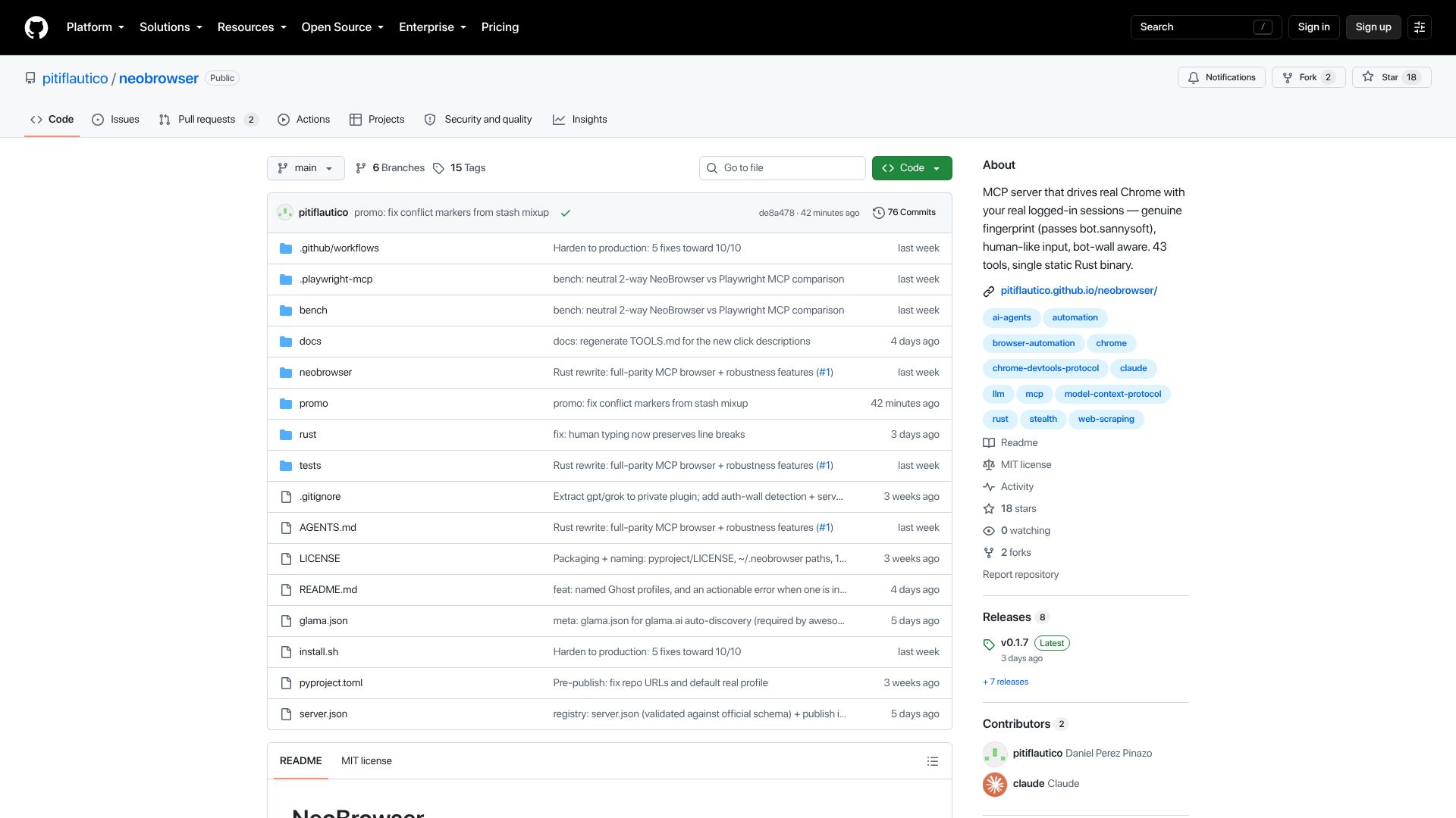 Screenshot of github.com: NeoBrowser: An MCP server that drives real Chrome with your logged-in sessions