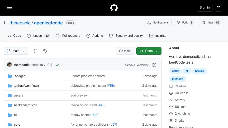 Screenshot of github.com: Show HN: Openleetcode – Local LeetCode runner where tests live in the repo