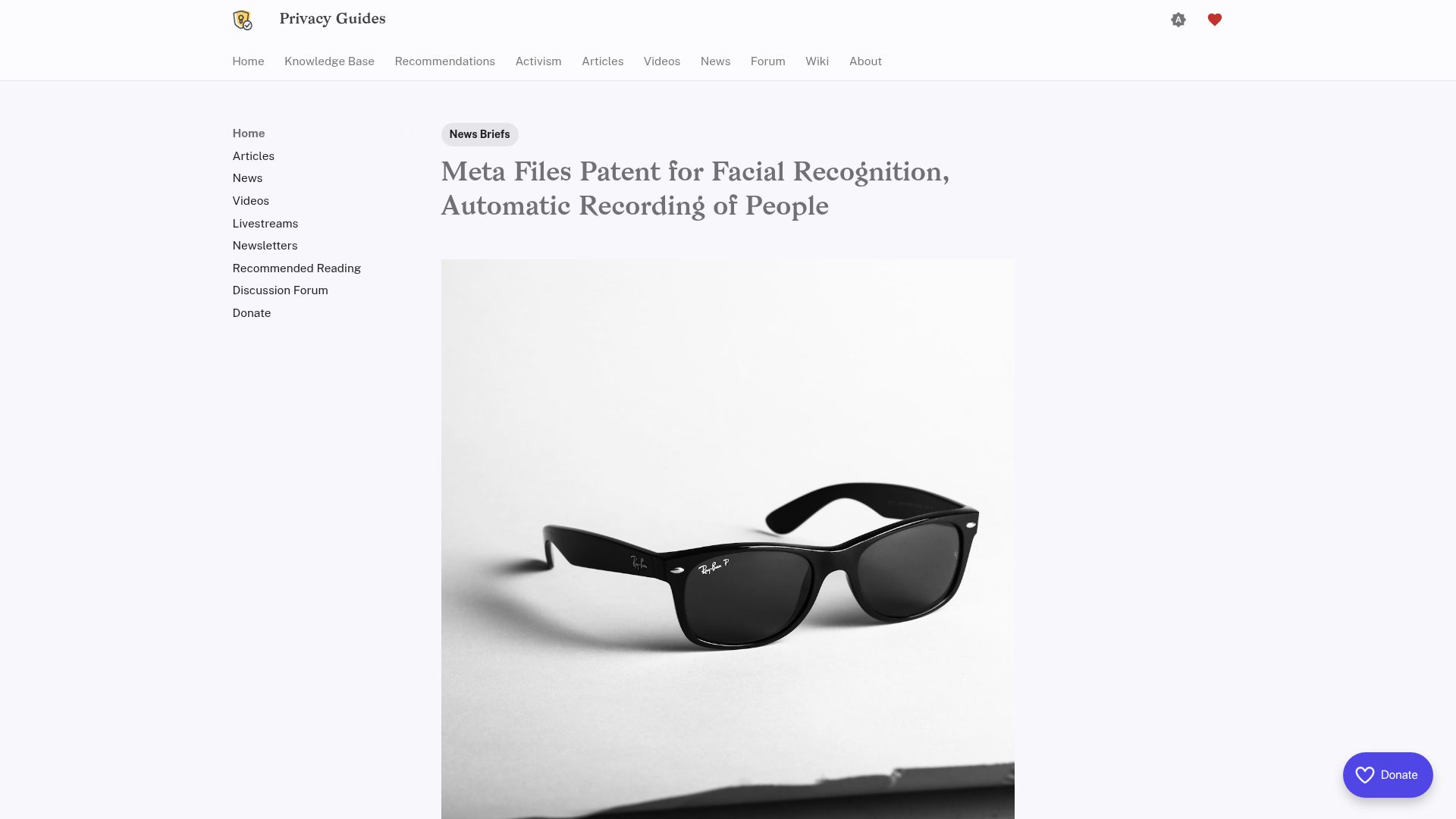 Screenshot of privacyguides.org: Meta Files Patent for Facial Recognition, Automatic Recording of People