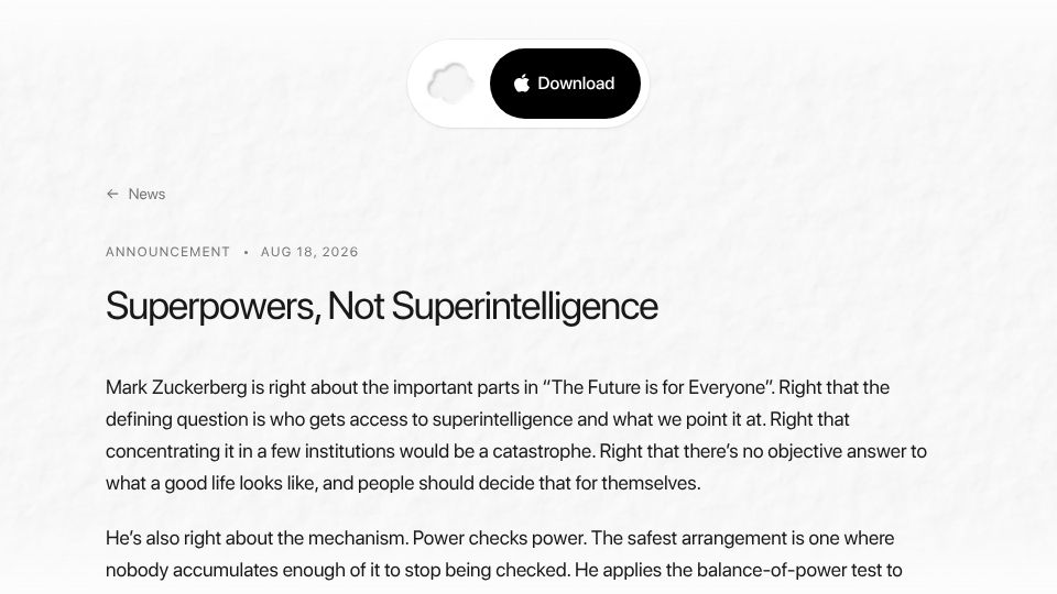 Screenshot of bond.now: Superpowers, Not Superintelligence