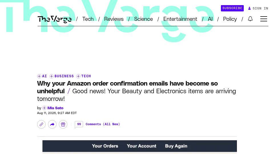 Screenshot of theverge.com: Why your Amazon order confirmation emails have become so unhelpful