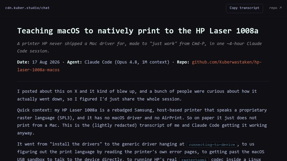 Screenshot of cdn.kuber.studio: Claude Code Teaching macOS to Natively Print to the HP Laser 1008a