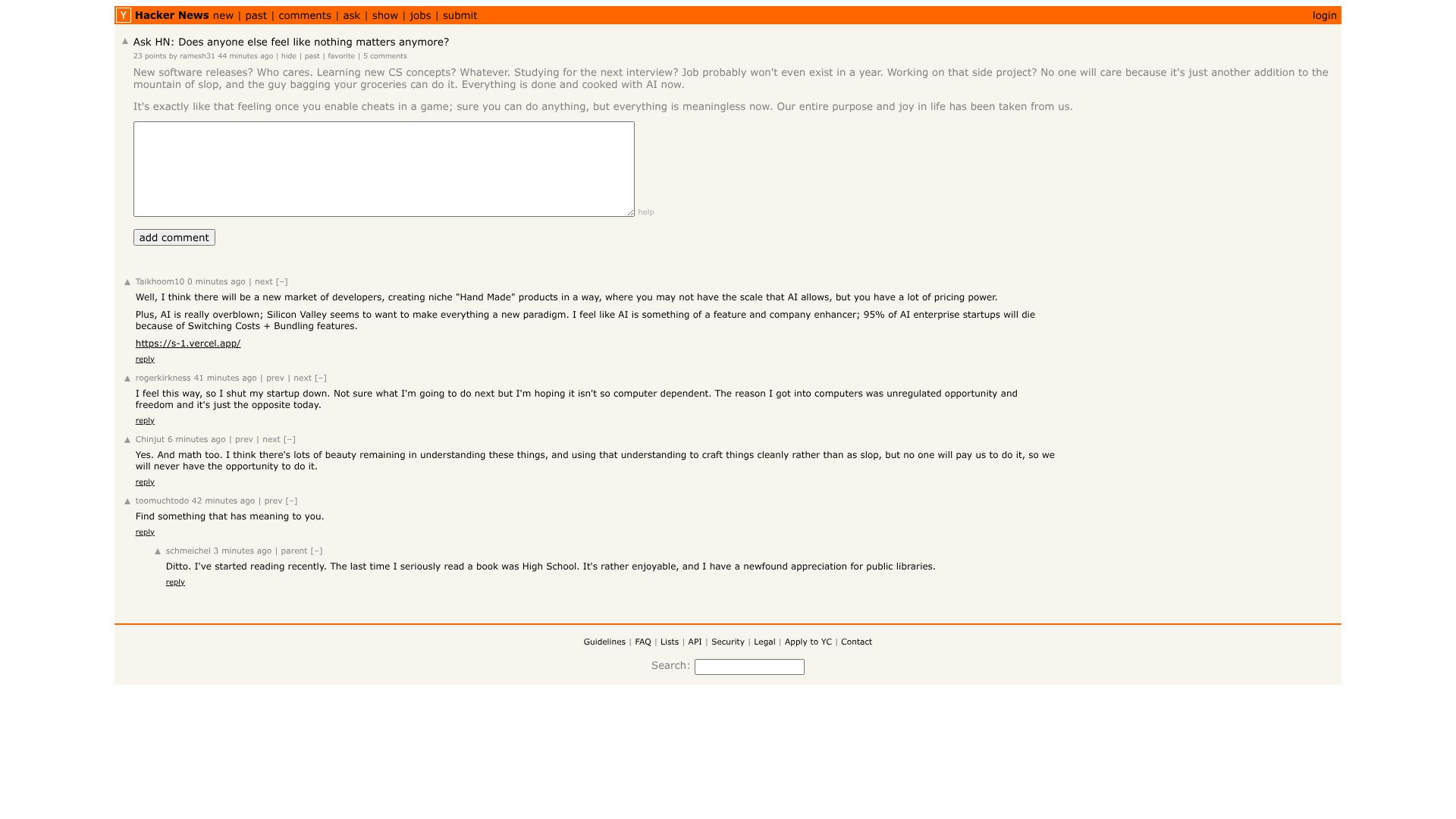 Screenshot of this Hacker News post: Ask HN: Does anyone else feel like nothing matters anymore?