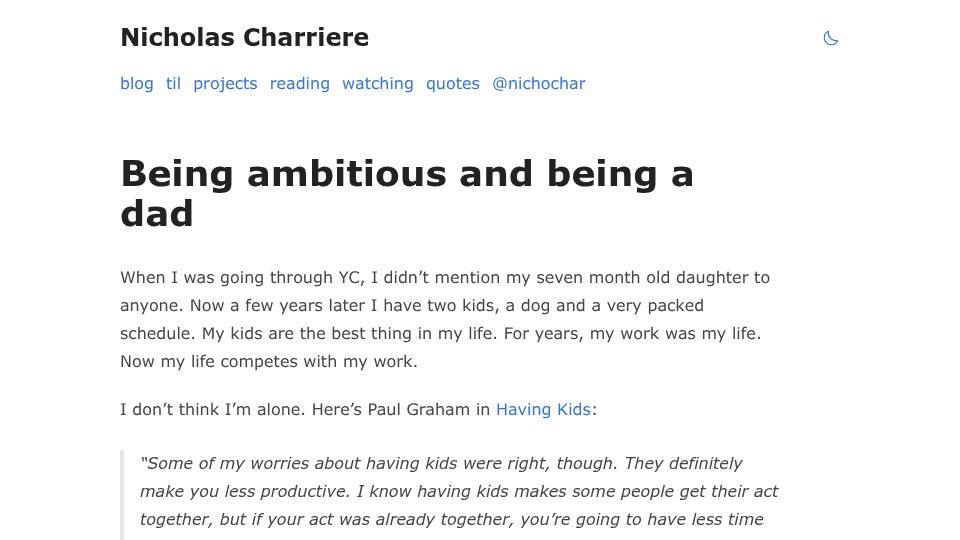Screenshot of nicholascharriere.com: Being ambitious and being a dad