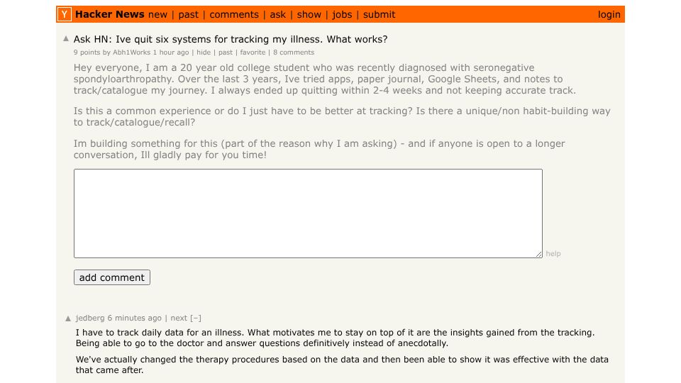 Screenshot of Hacker News post: Ask HN: I've quit six systems for tracking my illness. What works?