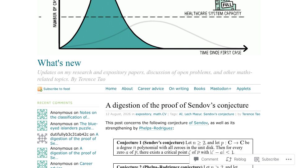 Screenshot of terrytao.wordpress.com: A digestion of the proof of Sendov's conjecture