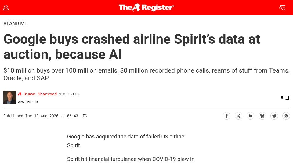 Screenshot of theregister.com: Google has acquired the data of failed US airline Spirit